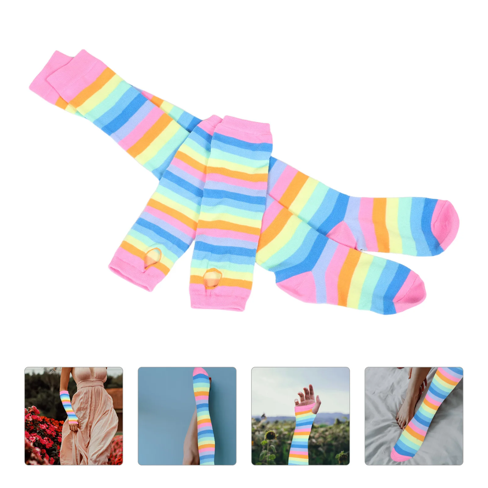 

Striped Long Socks Gloves Set Colorful Fingerless Arm Warmers Ideal for Halloween Cosplay Party Dress Up Costume Accessories