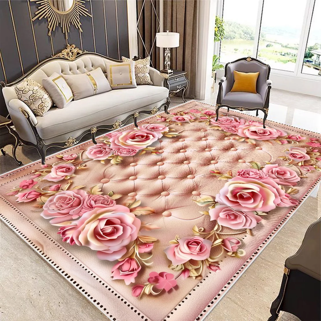 Nordic Light Luxury Living Room Carpet Flower Home Decora Carpet Bedroom Lounge Non Slip Floor Mat Washable Children\'s Rug