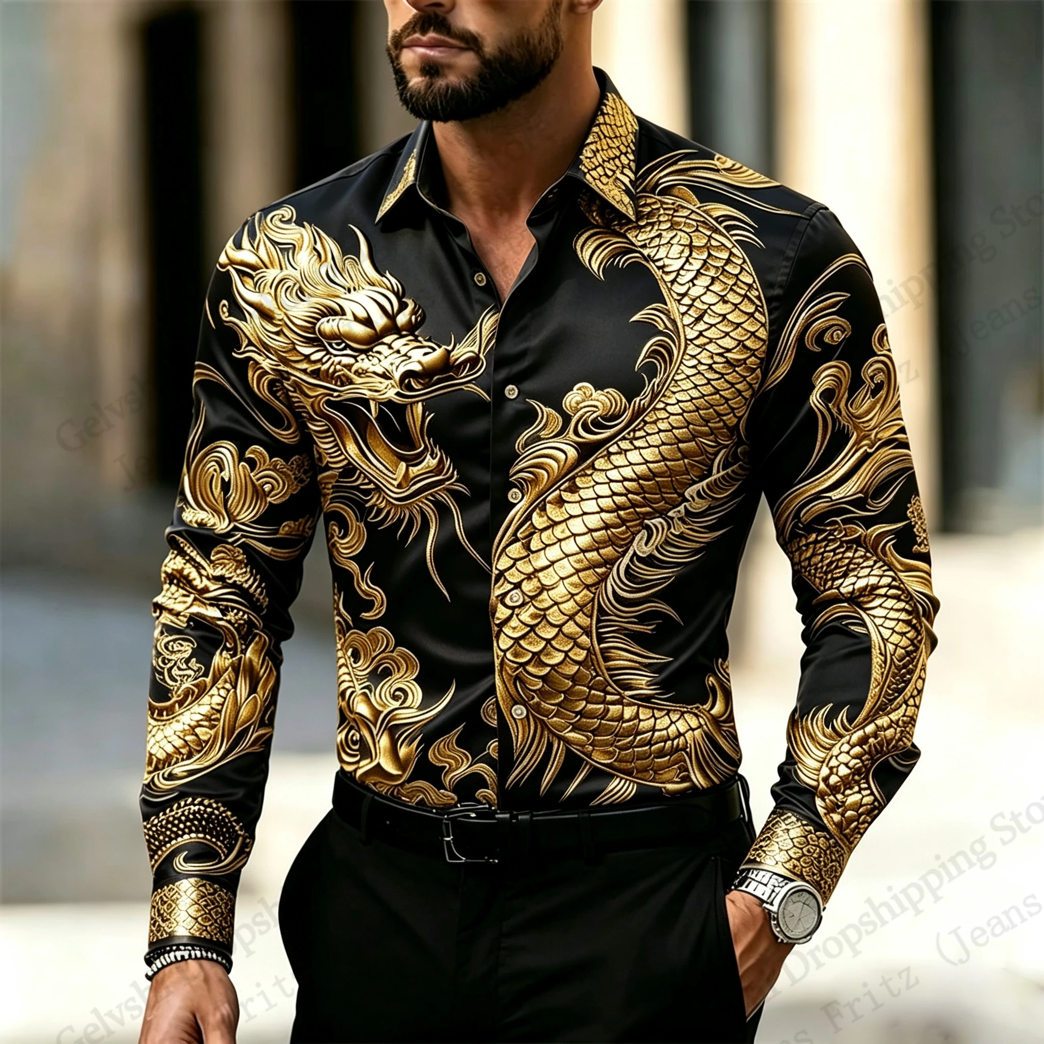 Mens Golden Black Dragon Long Sleeve Shirt Chinese Dragon 3d Print Hawaiian Shirt Men Women Fashion Blouse Men Clothing New Year