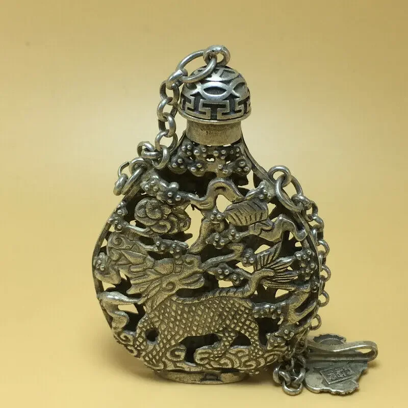 chinese Tibetan silver old copper hand carved Kirin phoenix statue snuff bottle