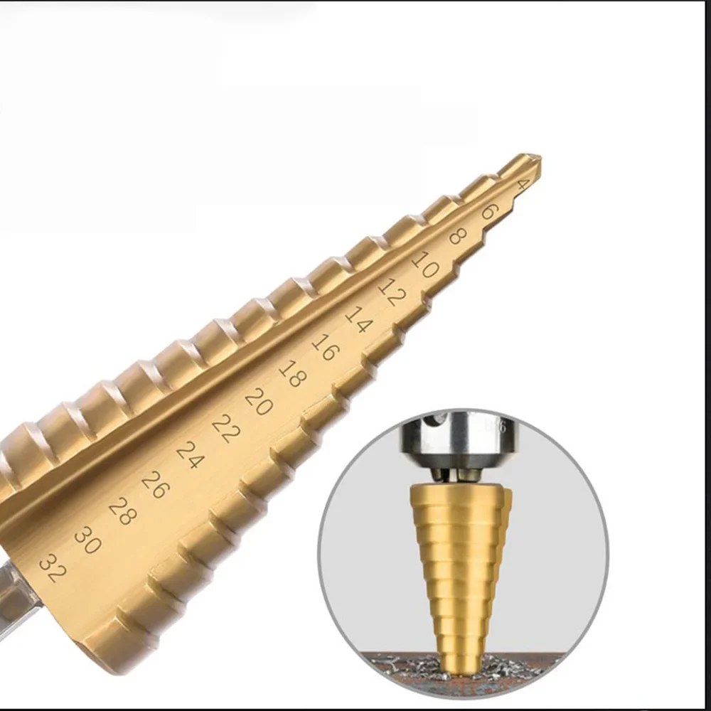 3-12/4-12/4-20/4-32mm HSS ขั้นตอนเจาะไทเทเนียมชุบ Hexagonal Shank ตรง Groove เจดีย์เจาะเจาะเครื่องมืออุปกรณ์เสริมชุด