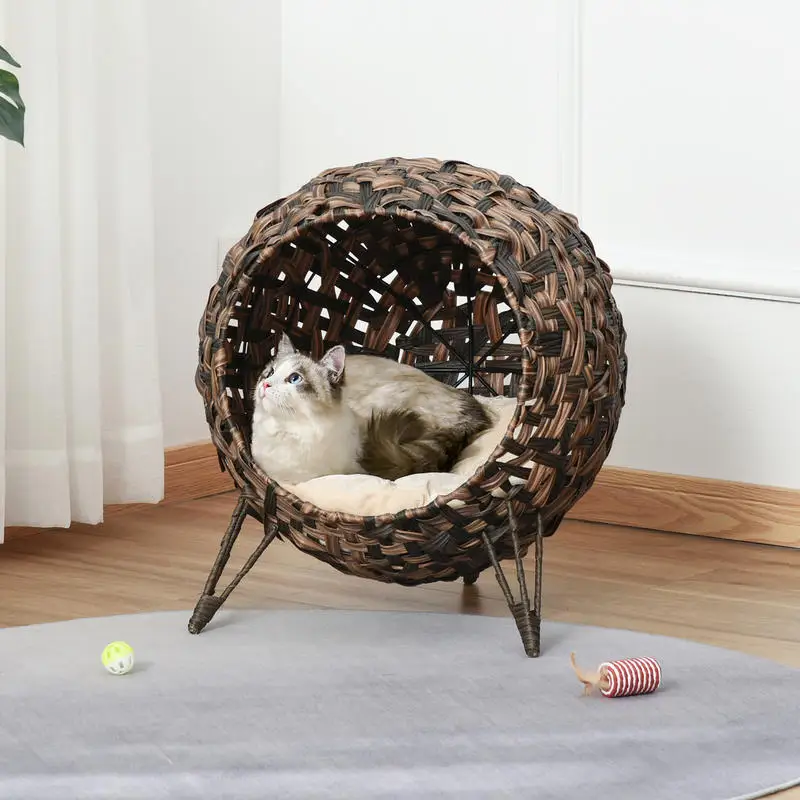 PawHut 20.5" Weaved Cat Bed, Elevated Hand-woven Braided Banana Leaf Kitten House Condo with Cushion, Brown view 2