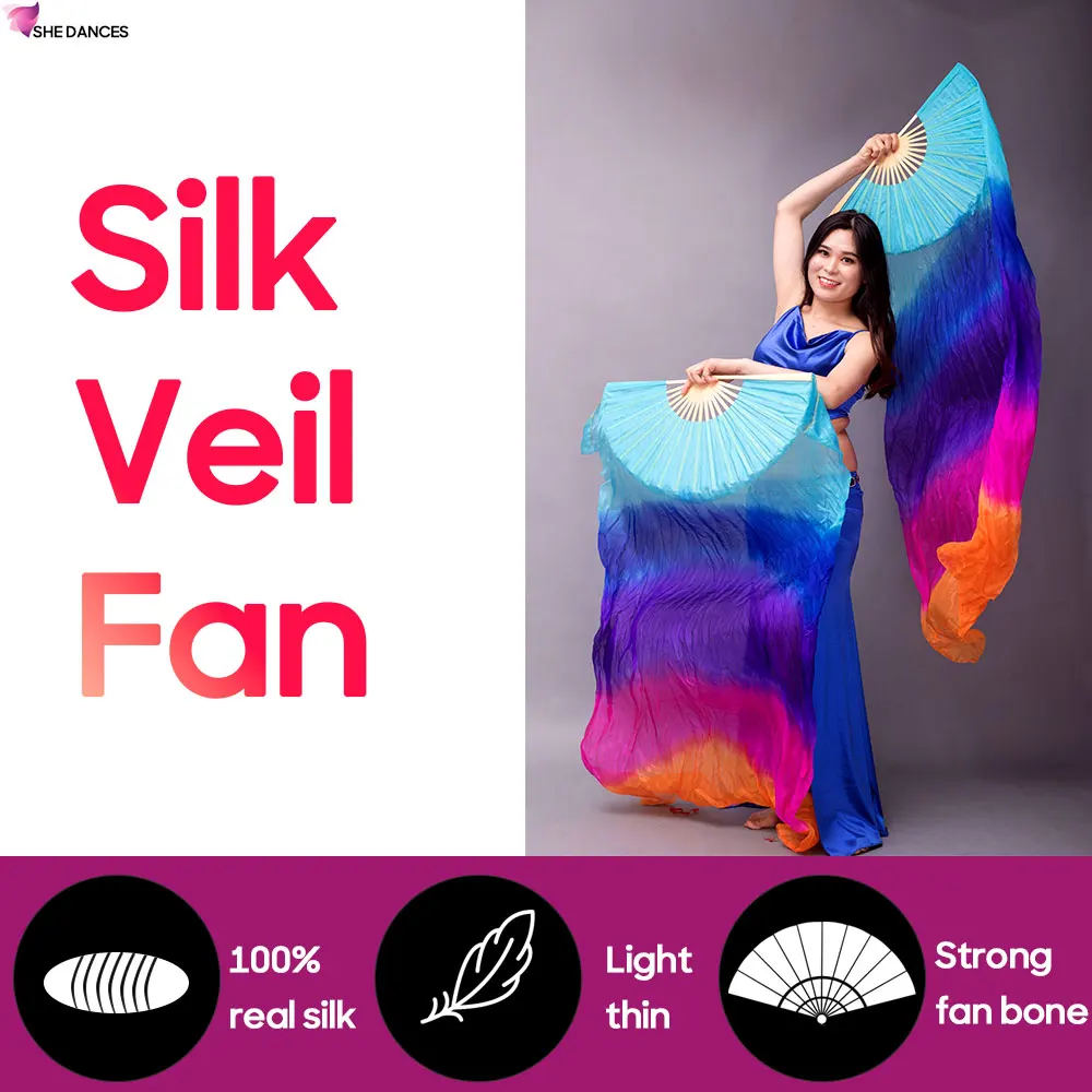 Silk Fan For Women Professional Real Silk Veils Fan Hand Made Tie Dyed Scarf For Stage Performance And Practice