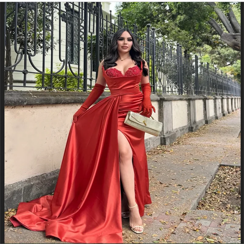 

Customized Side High Split Long Trailing Pleats Prom Dresses Strapless Sleeveless vestidos de noche Gloves Formal Evening