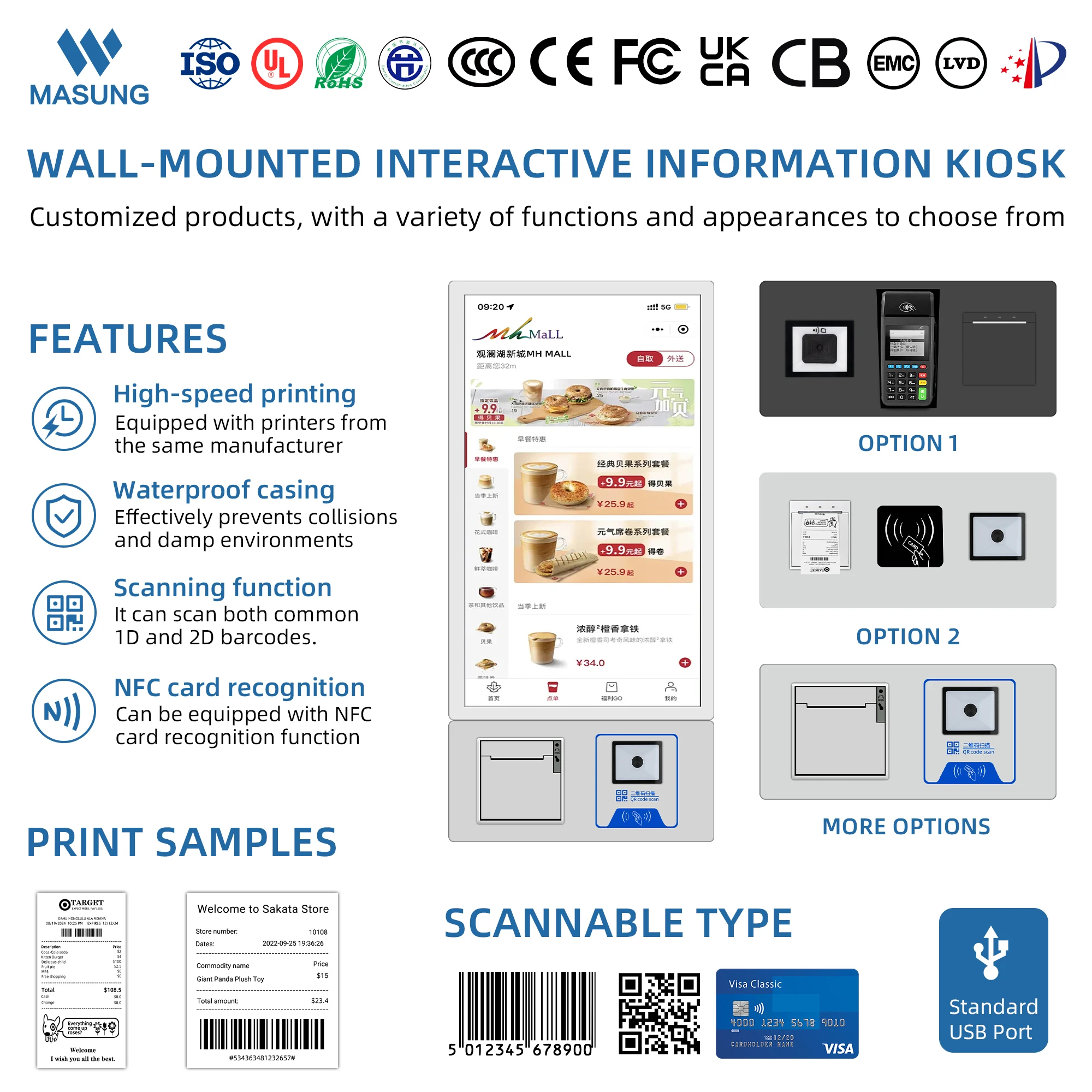 MASUNG TW215-01 Interactive Self-Service Payment Kiosk with NFC Card Reader and 2D Barcode Scanning for Stores and Supermarkets