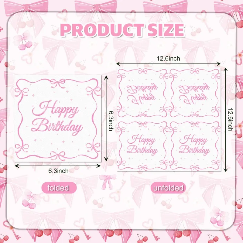 60pcs Happy Birthday Printed Paper Napkins Pink Bow Disposable Dinner Serviettes for Celebration Banquet Table Decoration