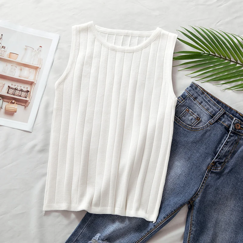 Koreańska dzianinowa kamizelka damska typu slim fit, okrągły dekolt, elastyczna, uniwersalna, bazowa bluzka, T-shirt, do pracy, elegancka, czysta...