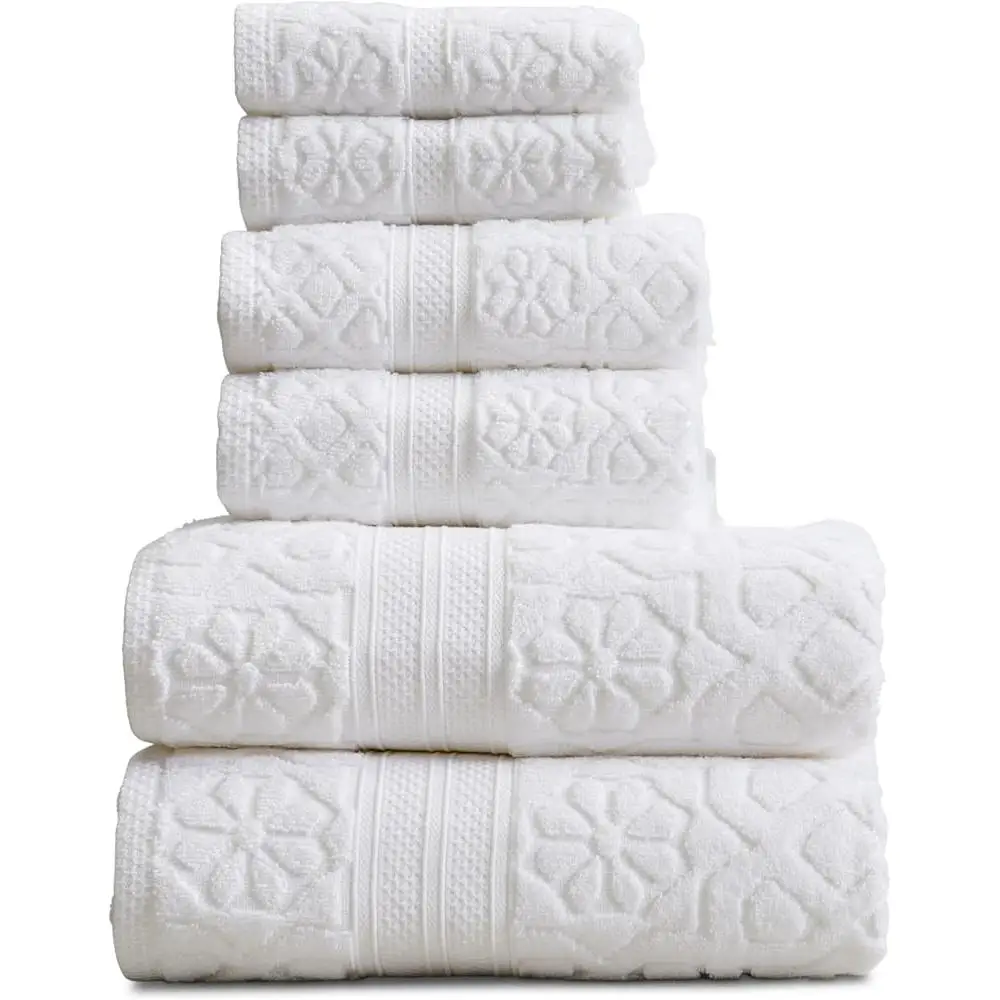 100% Cotton Towel Set 6 Pieces Absorbent Quick Dry Bath Hand Washing Cloths Textured Design Soft Durable Eco-Friendly