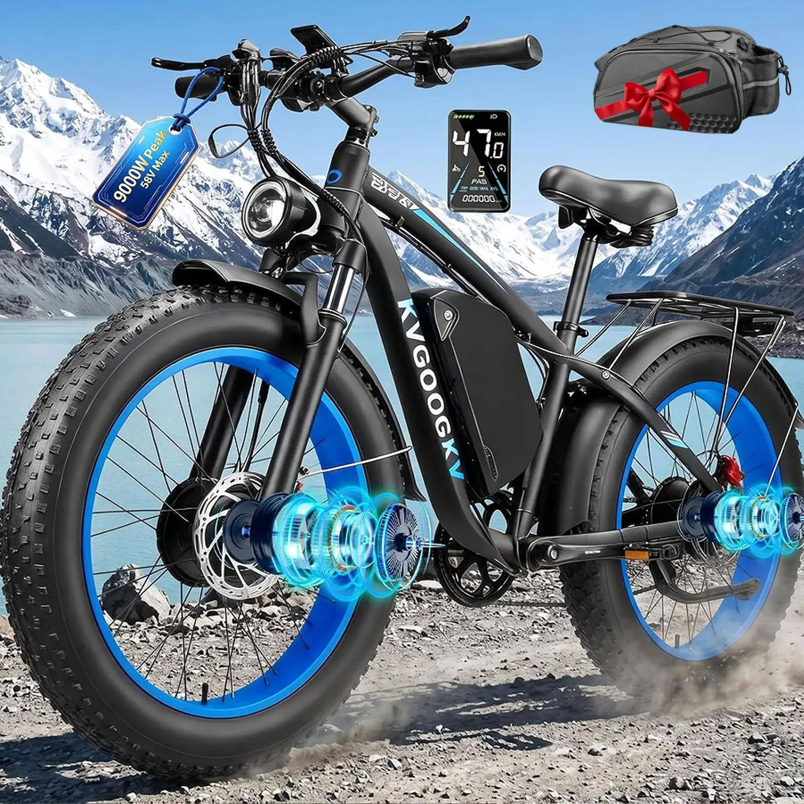 9000W Peak Electric Bike for Adults,58V Max-Output 1972Wh Dual Motor Ebike,47MPH 105 Miles Long Range,24" x4.0 Fat Tire Lockable image 3
