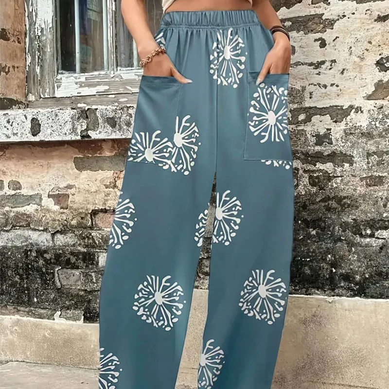 

Summer American Retro Irregular Elegant Fashion Oversized High Waist Women's Clothing Folds Pockets Print Cotton Linen Y2K Pants