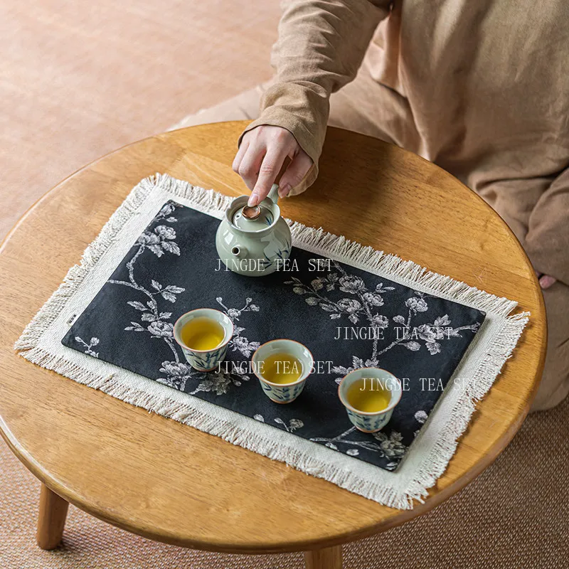 Brocade Dry Soaked Mat Anti Slip Tea Mat Home Tea Table Chinese Cotton Linen White Plum Tea Towel Kung Fu Teaset Accessories