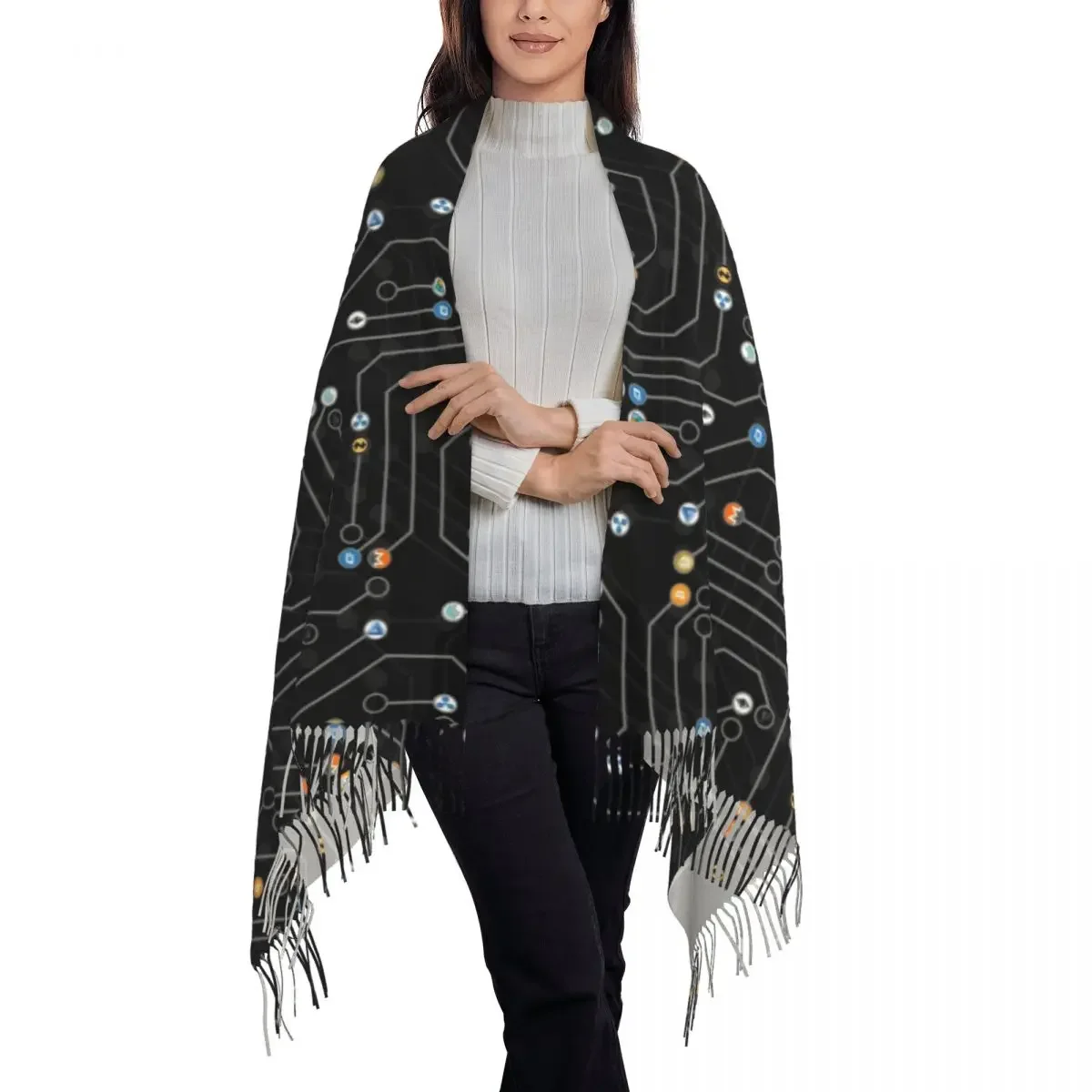 Cryptocurrency Altcoin Digital Currency Blockchain Logo Scarf Women Men Luxury Winter Wrap Shawl Bitcoin Ethereum Tassel Wraps