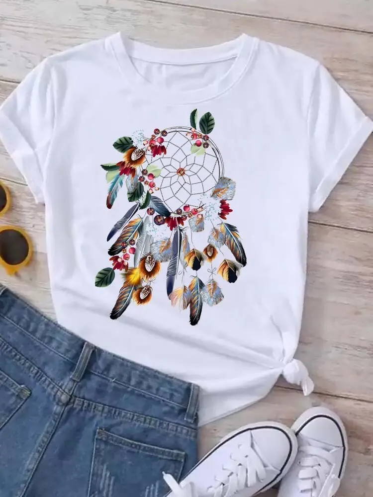 Fashion Feather Dream catcher T-Shirts Women Harajuku Graphic Tees Shirt Femme Dream Catcher Women's White T-shirt Clothes Style