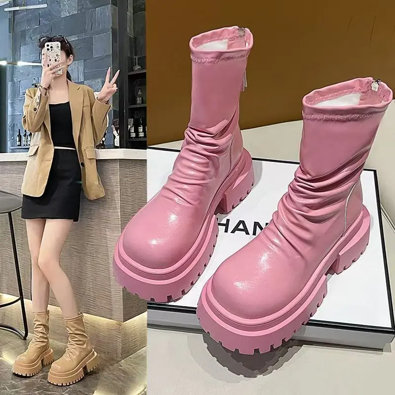 

Зимние модные короткие сапоги для женщин на толстой подошве с эффектом похудения, удобные и теплые, красивые зимние сапоги.