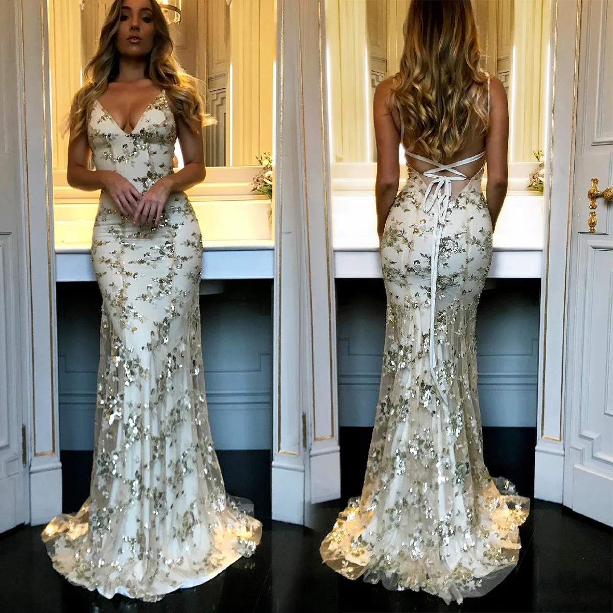 JHJN sukienki damskie bez rękawów V Neck sweter cekiny sukienka na imprezę Vestidos formalna długość podłogi seksowna kopertowa piersi Backless Slim