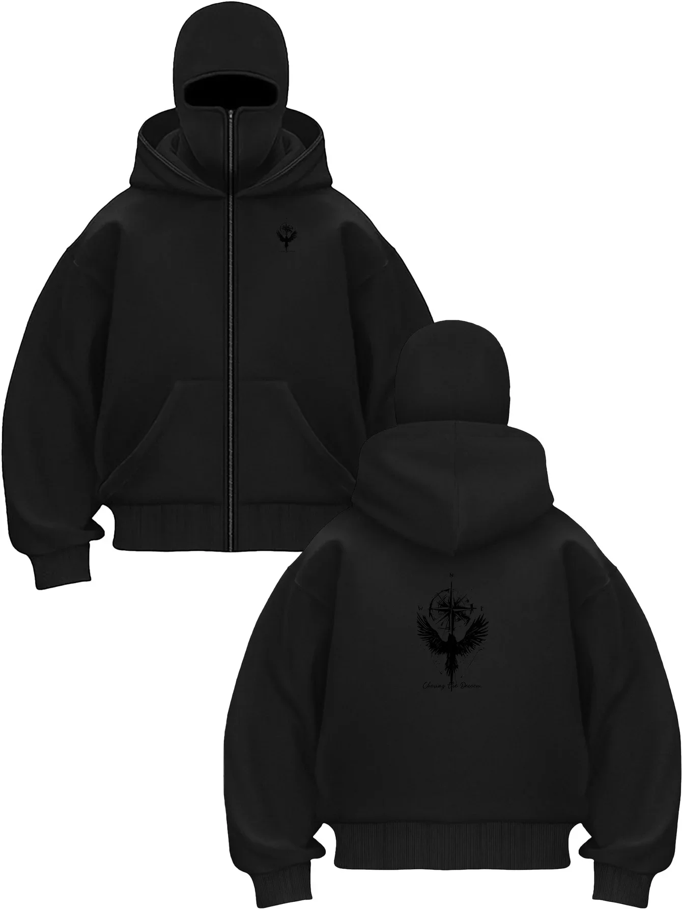 2026 autumn and winter new hooded hood with zipper for men and women, double-sided bird and compass pattern printed for comfort