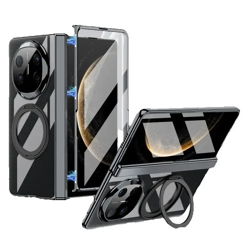 

For Huawei Mate X6 Magnetic Ring Holder Case Clear Plating All-included Hinge Screen Glass Plastic Cover for Huawei Mate X6 Case