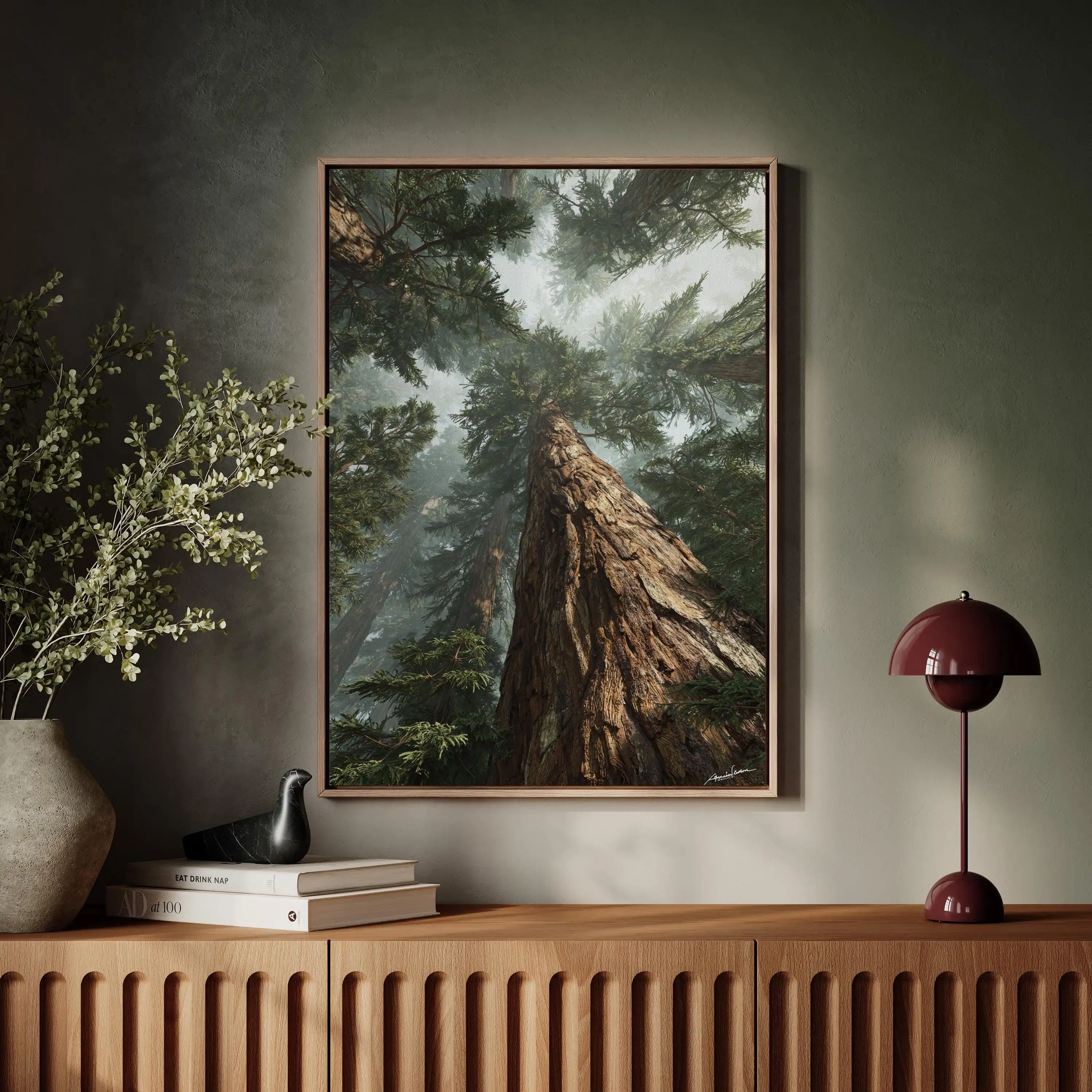 Decorative canvas print: Majestic redwood forest towering trees standing tall in a misty desert Suitable for rustic home decor