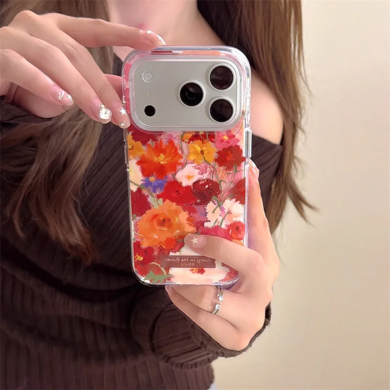 

Fashion Oil Painting Flower Cute Phone Case For iPhone 17 Pro 14 15 16 Pro Max Cover Shockproof Protective Cases Lovely Capa