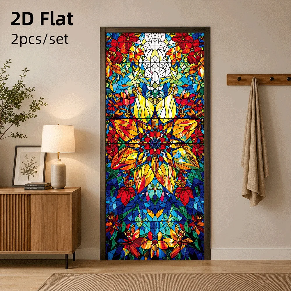 1 piece of colorful church style glass art door sticker, European retro painted electrostatic sticker, 2D flat