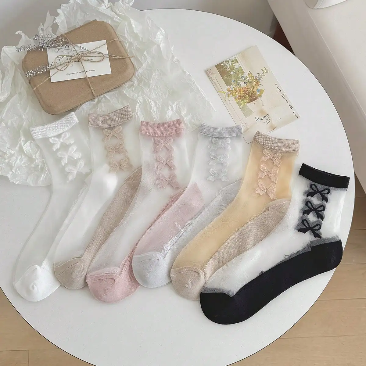 Damenmode Sommersocken Neue Niedliche Transparente Atmungsaktive Crew-Socken mit Schleife für Frauen Koreanischer Stil Dünne Damensocken