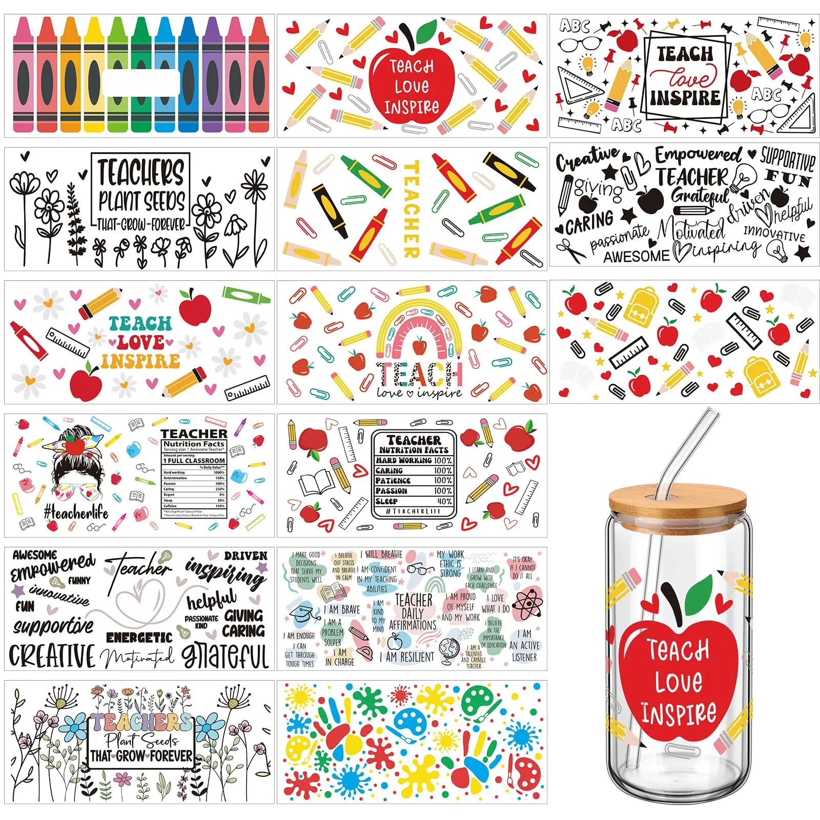 Random 10pcs Teacher UV DTF Wraps Uvdtf Decals Waterproof Rub on Transfer Stickers for Glass DIY Wood Crafts Teacher Gifts