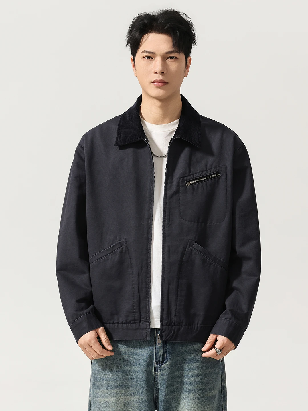 

American Retro Waed Mist Blue Pure Cotton Workwear Jaet Men's Loose Detroit Coat Trendy Spring 2026 Wear Resistant Long S...