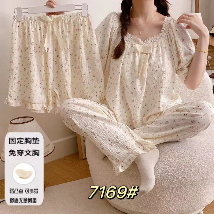 3 Piece Short Sleeve Pants Floral Print Woman Satin Pajama Sets Ensembles Lady Outfit Lounge Women Pijama Sleepwear Pj