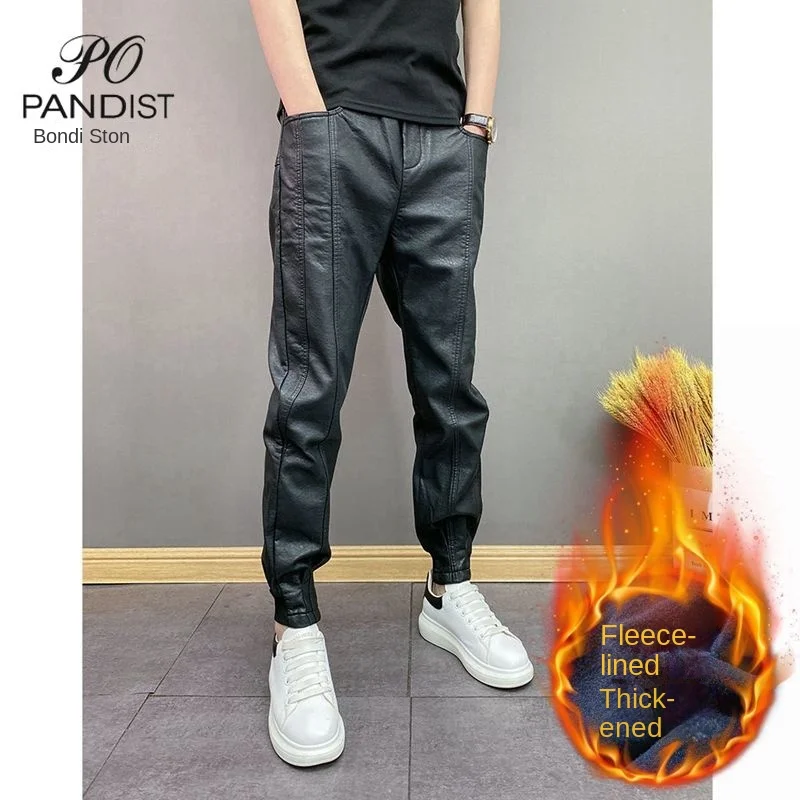 Fashion Elastic Waist Casual Pants for Men with Fleece Windproof and Warm Heat Autumn Winter Trousers Black Pu Leather Pants Men