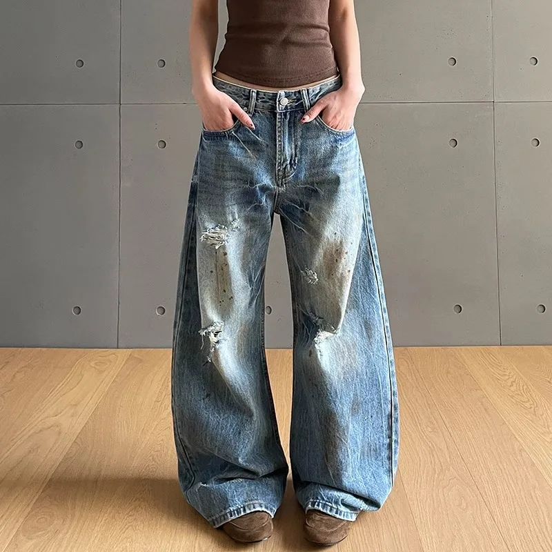 Washed Dirty Old Design Jeans Women's High-end Feeling Thin Ripped All-match Long Pants