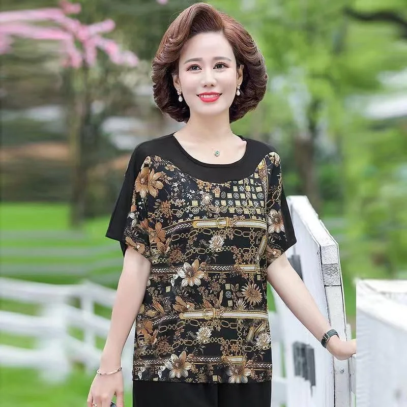 Short-sleeved T-shirt Patchwork Top Summer Women\'s Ioose New Slim Fashion Ice Silk Bottom Blouse Women