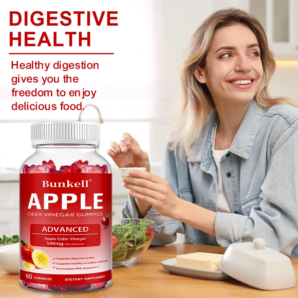 علكة خل التفاح - 60 علكة، فيتامين ب12، ب9، كولاجين، للتخلص من السموم، التنظيف، الهضم، التمثيل الغذائي، غير المعدل وراثيًا