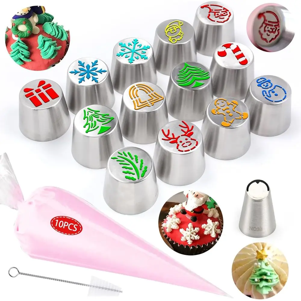 

25 Pieces Stainless Steel Extra Large Christmas Piping Tips Set,13 Christmas Frosting Icing Tips with 10 Disposable Pastry Bags,