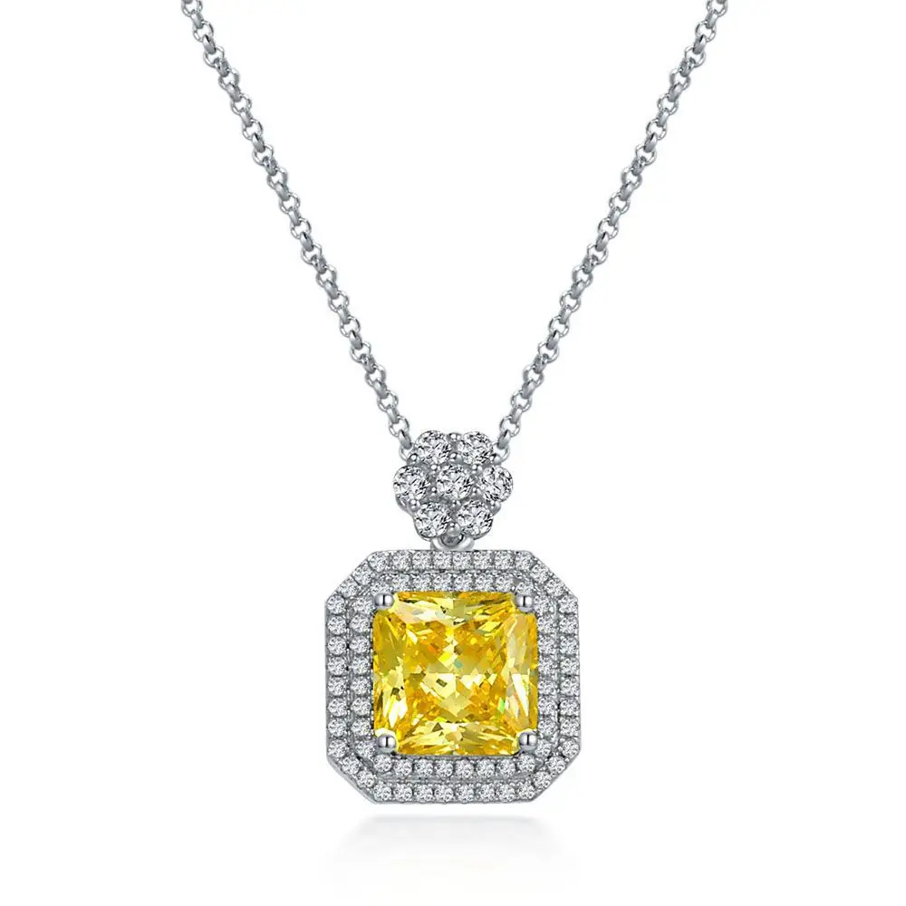 925 Silver Necklace Inlaid with 9CT Simulated Diamond Goose Yellow 10 * 10 High Carbon Diamond Pendant, Light Luxury 40+3