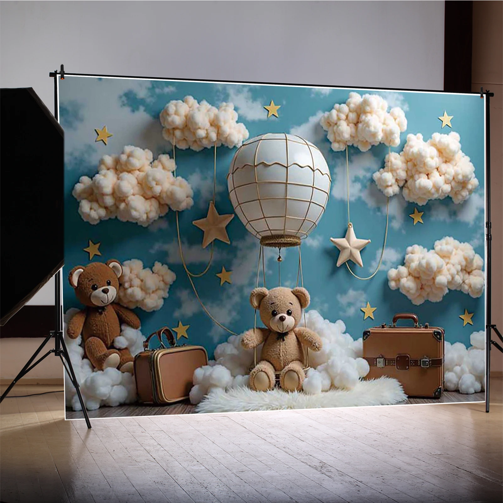 MOON.QG Baby Shark Birthday Photography Background Teddy Bear Blue Sky Suitcase Photocall Backdrop Child Studio Photobooth Props