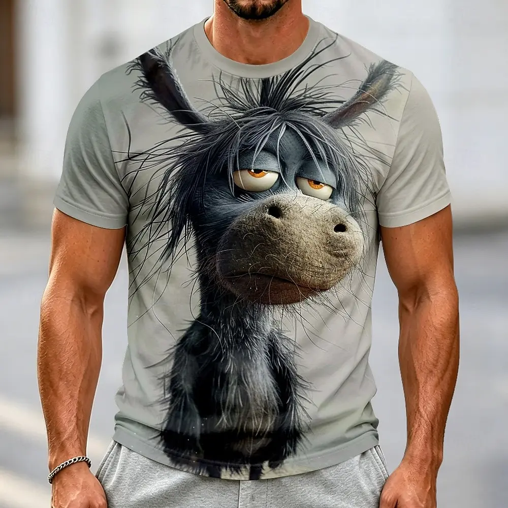 Men's Spring Summer 3D Printed Crew Neck Tee, Light Gray Lazy Messy Hair Cartoon Donkey Funny Street Fashion Top