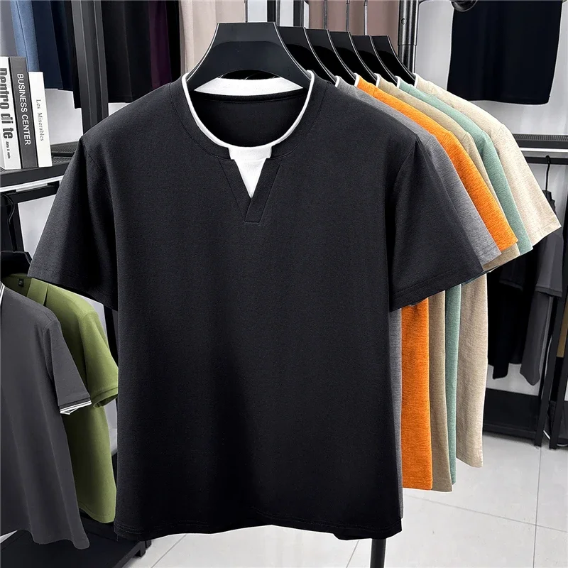 Mens Contrast Collar Short Sleeve Tee V Neck Henley Casual Smart Layered Design Tops For Work And Leisure