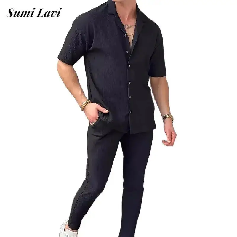 

2024 Summer Stylish Mens Tracksuits Solid Color Short Sleeve Slim Tops And Pants Sets For Men Casual Ribbed Two Piece Suits Male