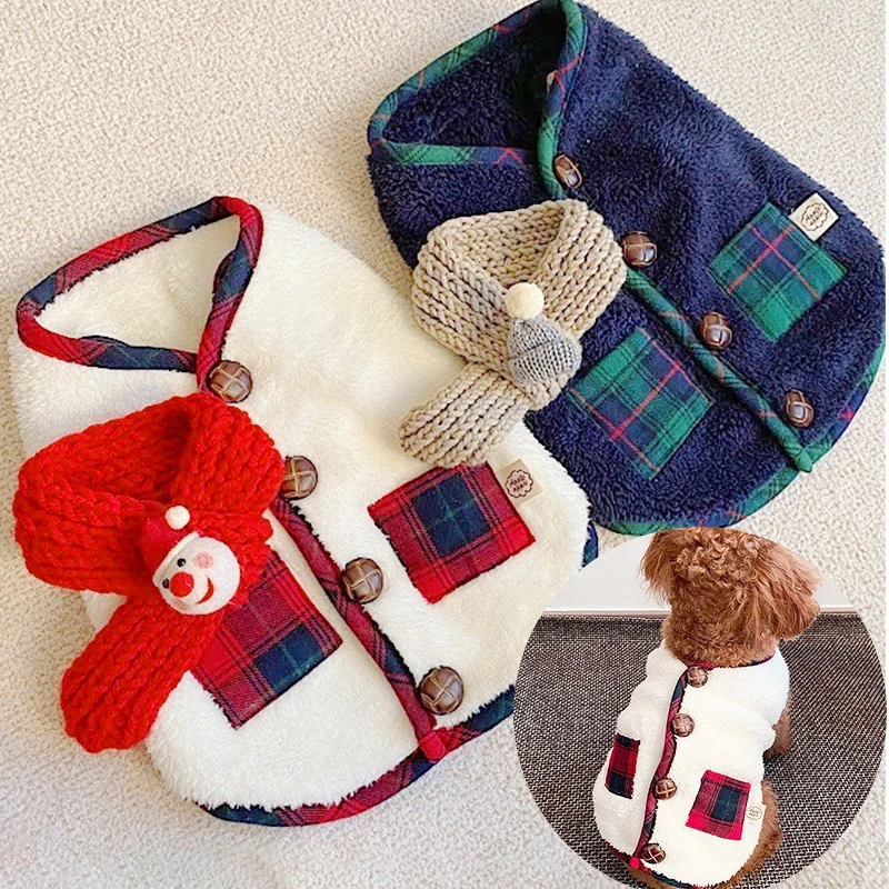 

Зимняя одежда для маленьких и больших собак, милая флисовая дизайнерская одежда для собак с шарфом, жилет для чихуахуа, бульдога, теплый костюм щенка