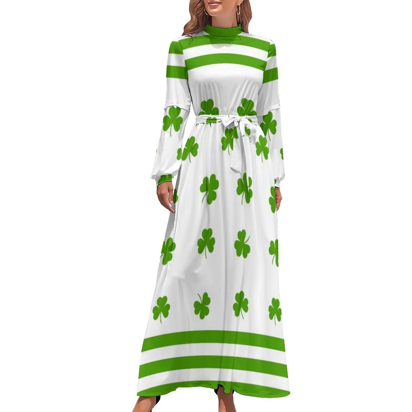 

Green shamrock and stripe Long Dress cocktail dresses dresses korean style summer women's suit women formal occasion dresses