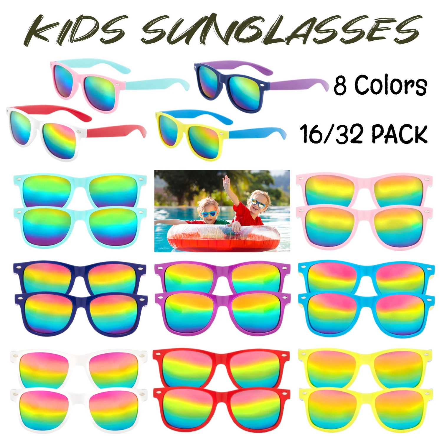 

32/16Pack Kids Sunglasses Bulk Kids Sunglasses Party Favor Neon Sunglasses For Kids Boys Girls Age 3-8 Pool Beach Birthday UV400