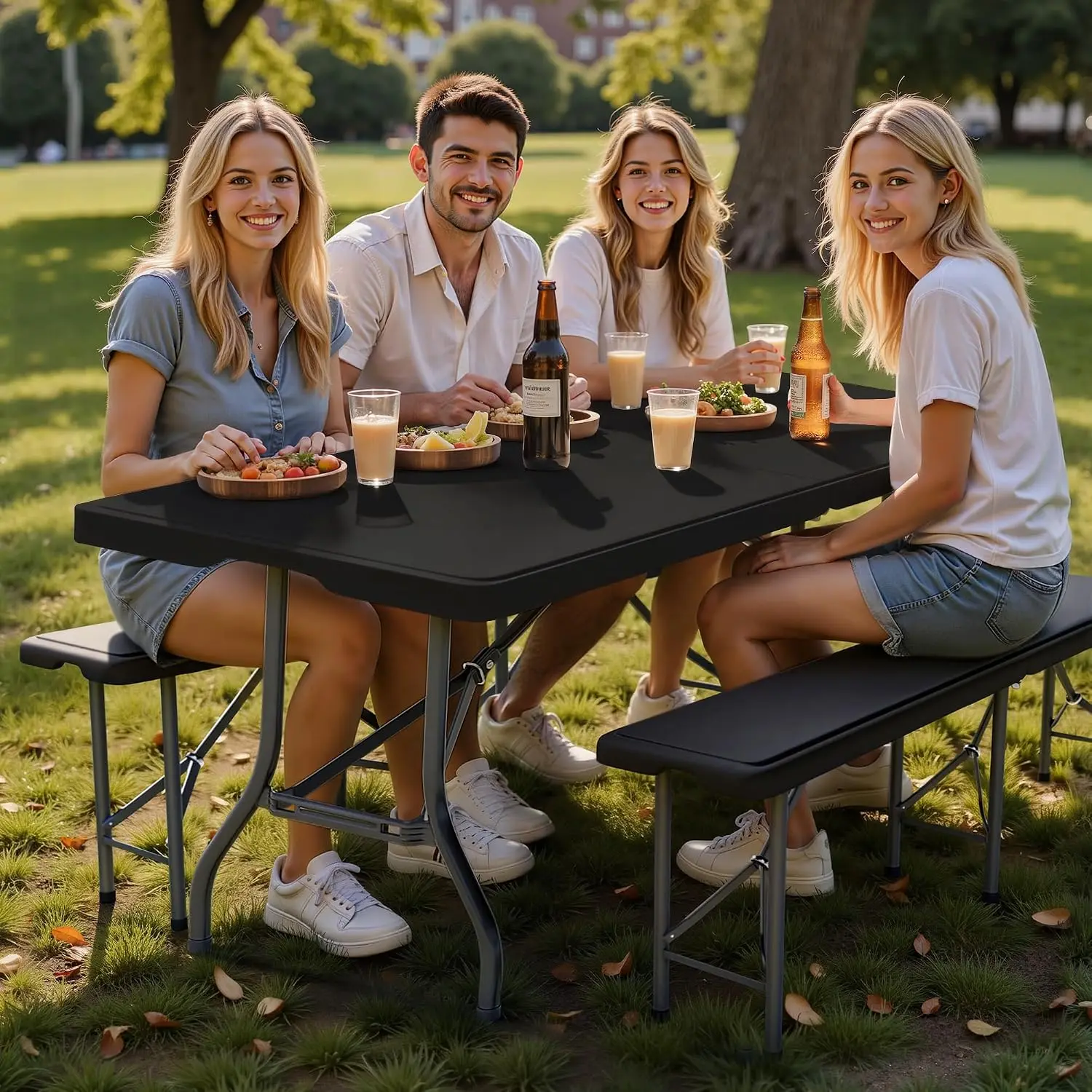6FT Folding Table Set with 2 Folding Benches, Heavy-Duty HDPE Construction, Secure Locking Design, 3-Piece Portable Set for Camp