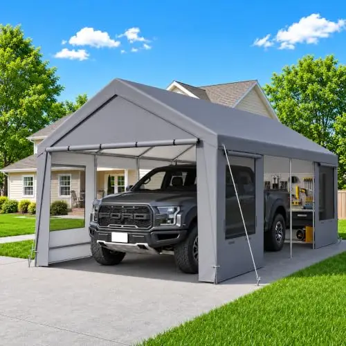 12x24 ft Heavy Duty Carport, Portable Garage Canopy with Removable Sidewalls & Double-Zipper Doors, Enclosed Outdoor