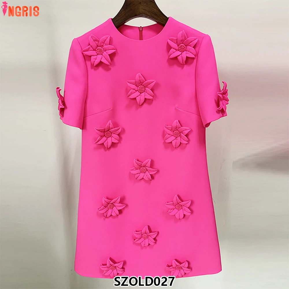 

2025 New European and American Star Fashion Temperament Heavy Industry 3D Flower Short Sleeve Dress-SZOLD027