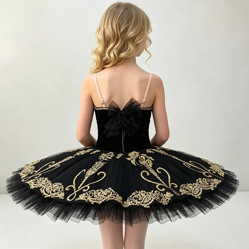 Womens Thin Strap V Neck Ballet Tutu Performance Dress Vintage Gold Floral Scroll Embroidery All Black Glitter Skirt Suitable Fo