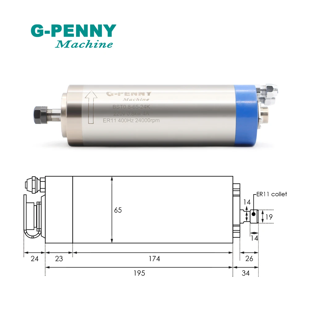 800w ER11 220v Water Cooling Spindle Motor 65x195mm 4 Bearings Wood Working & 1.5kw VFD & 65mm Bracket & 75w Water Pump