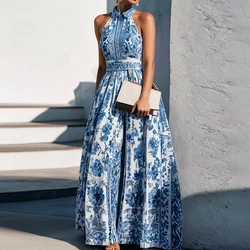 2024 Summer Blue Floral Print Party Dress Women's Lapel Hollow Out Sleeveless Holiday Dress Casual High Waist Swing Long Dresses