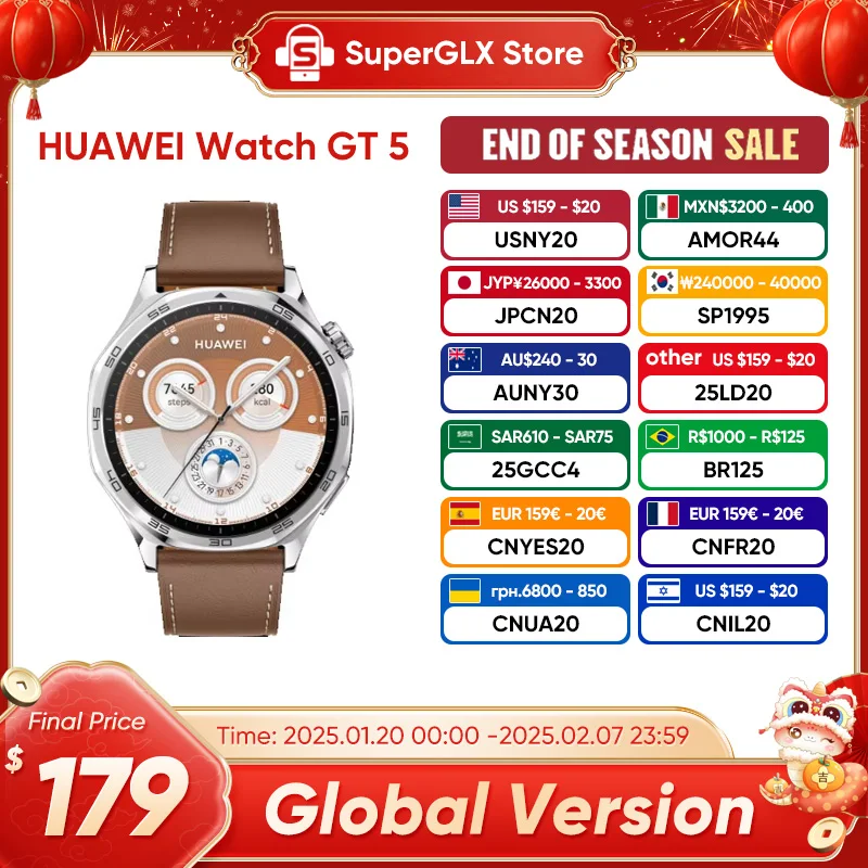 Global Version HUAWEI WATCH GT 5 Smartwatch AMOLED Screen 41mm/46mm Buit-in Map Replay Message Compatible with iOS and Android