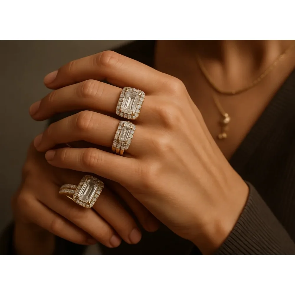 

Свадебный комплект из стерлингового серебра с фианитами изумрудной огранки в два карата, винтажные обручальные кольца для женщин, размеры от 3 до 12