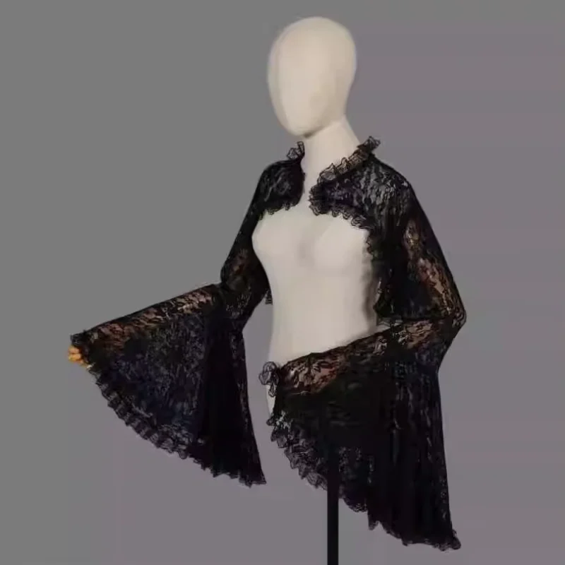 Black Lace Flare Sleeve Cardigan Crop Top Women Sexy Hollow Out Vintage Slim Fit Shirt Gothic Harajuku Y2k Outerwear